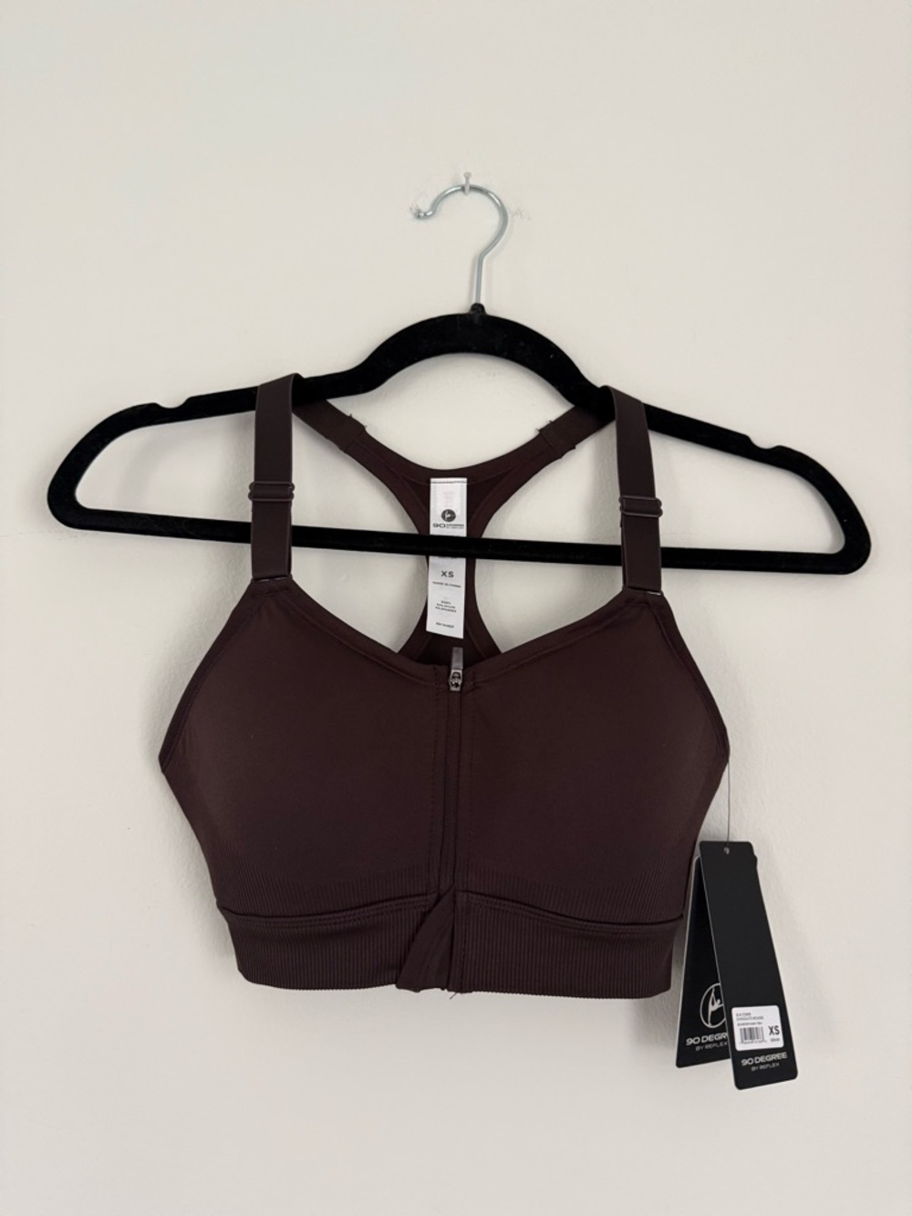NWT 90 Degree By Reflex Front-Zip Racerback Sports Bra - Brown